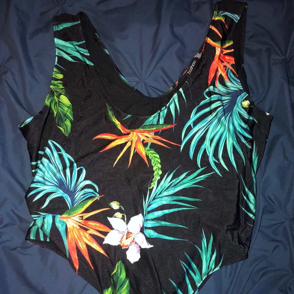 Black tropical print swimsuit